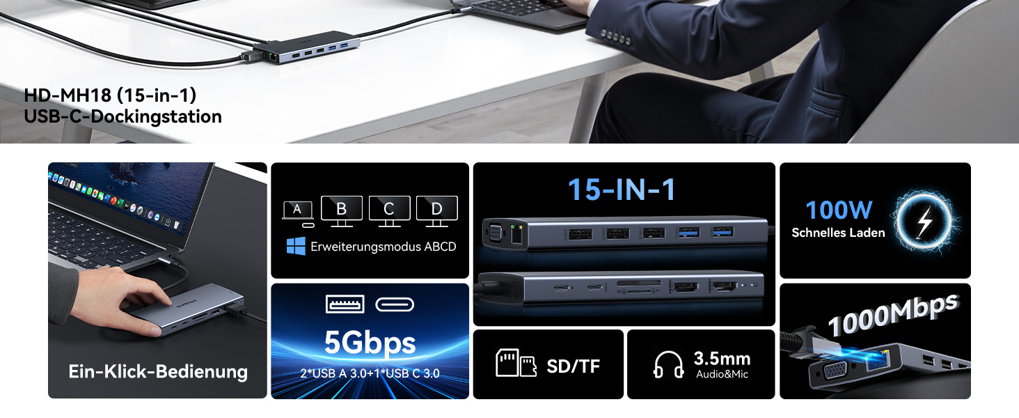 Док-станція USB-C з підтримкою двох моніторів, 14 в 1 для ноутбука, хаб з 2 HDMI, VGA, Ethernet, PD, USB Data, 5 USB портів, SD/TF кардридер, аудіо