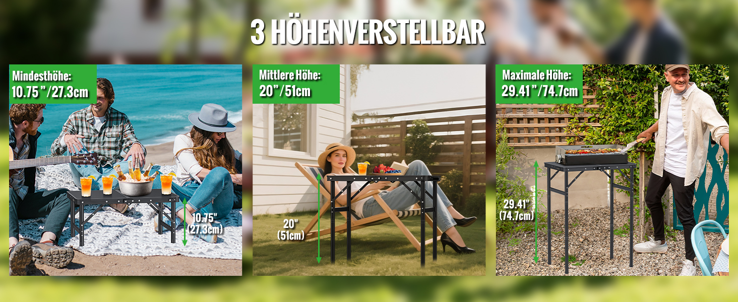Складний кемпінговий стіл GARLLEN 60x40 см, регульована висота (27/51/75 см), чорний - для пікніка, саду, балкону, пляжу