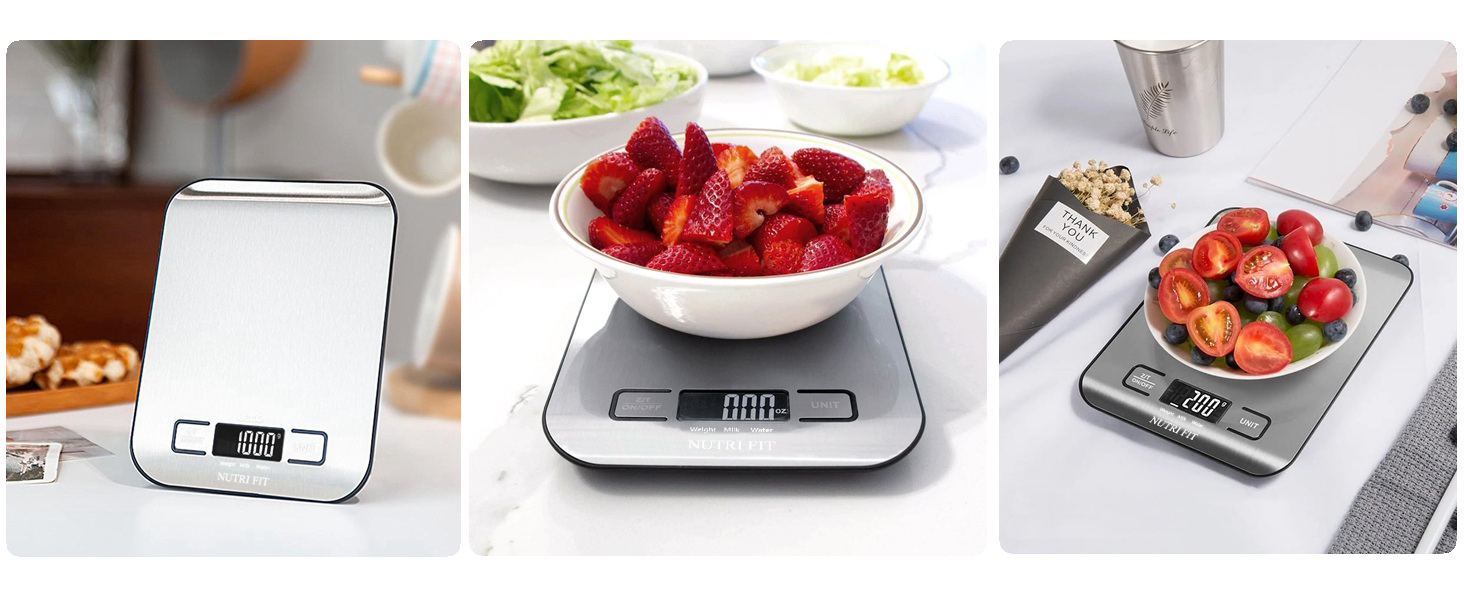 Кухонні ваги Nutri Fit: цифрова вага з нержавіючої сталі, ультраплоска, LCD-дисплей, 5 кг, 4 одиниці вимірювання
