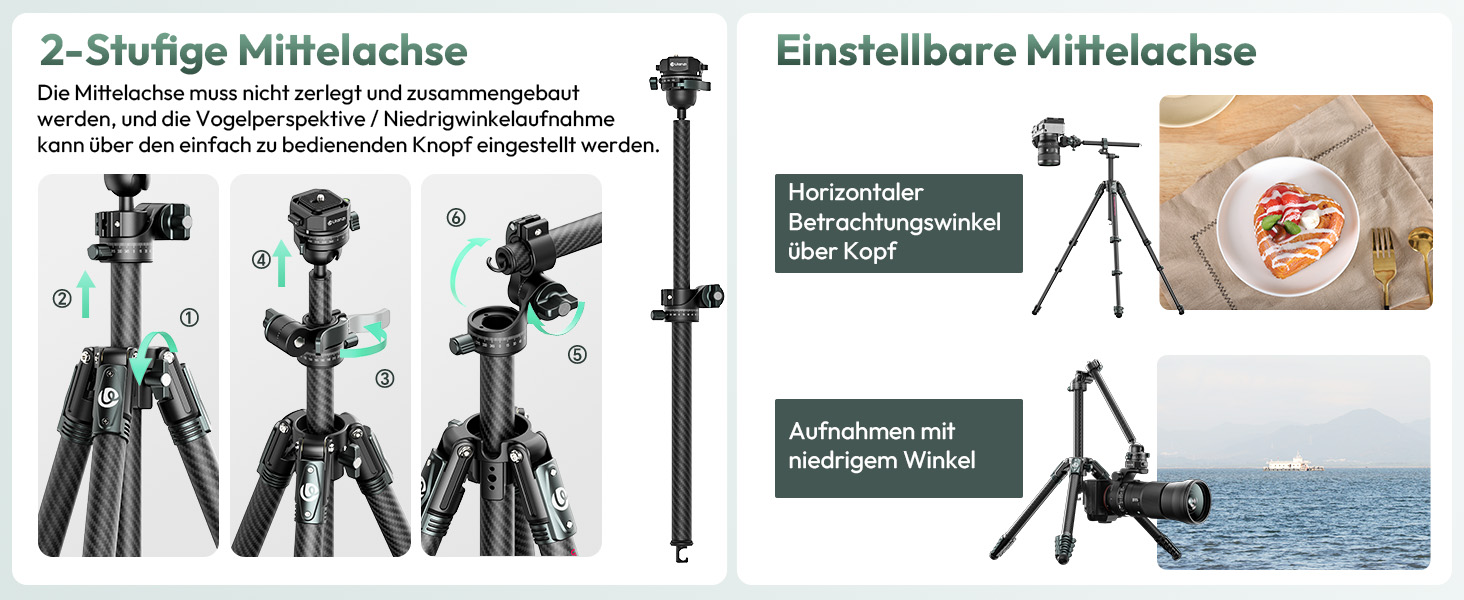 Штатив для камери ULANZI JJ05 GlideGo 184 см з карбону, складаний, з поворотним центральним стовпом, легкий, для DSLR, 360° кульковий голівкою, швидка пластина, вантажопідйомність 18 кг