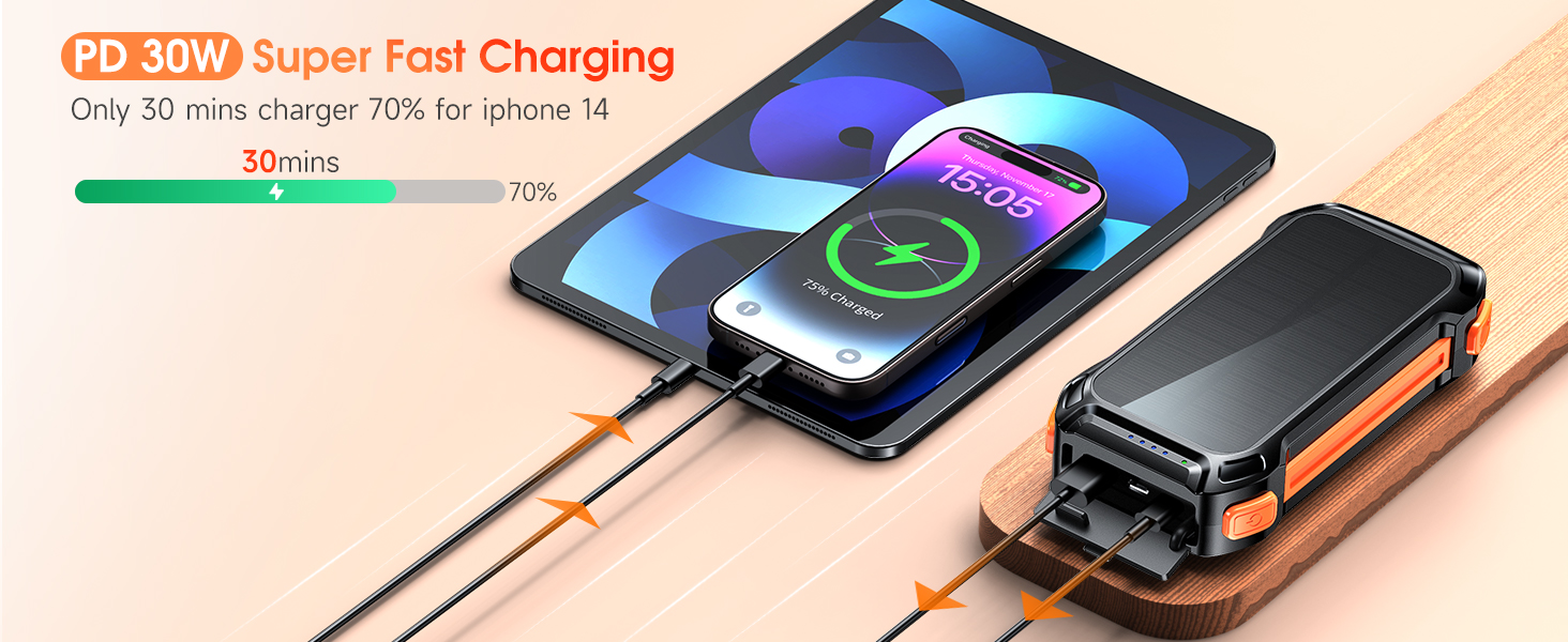Портативний акумулятор 26800mAh з 4 кабелями: 30W USB-C, швидка зарядка, 7 виходів, SOS ліхтарик, для телефонів та планшетів (Чорний)