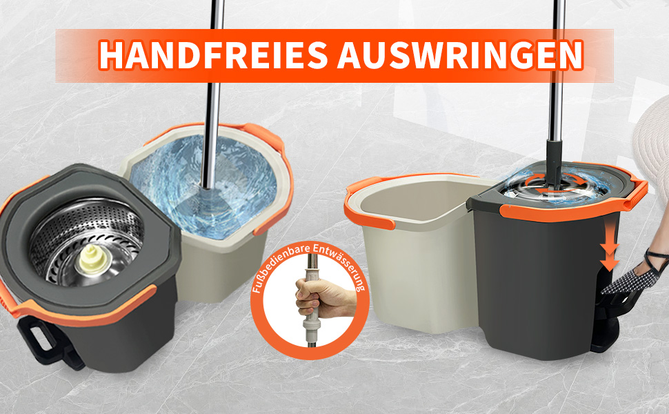 Набір для миття підлоги з відром, моп з функцією віджиму, складне відро з педаллю та 2-камерним відром, повний набір з 3 мікрофібрових насадок для ламінату, паркету та плитки (темно-сірий)