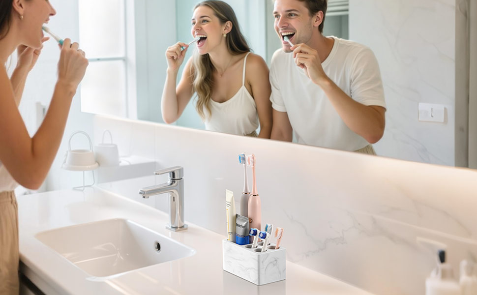 Тримач для зубних щіток Luxspire з 5 відділеннями, з пісковику, для ванної кімнати, електричний, органайзер для зубних щіток та пасти, білий мармур, 1 шт.
