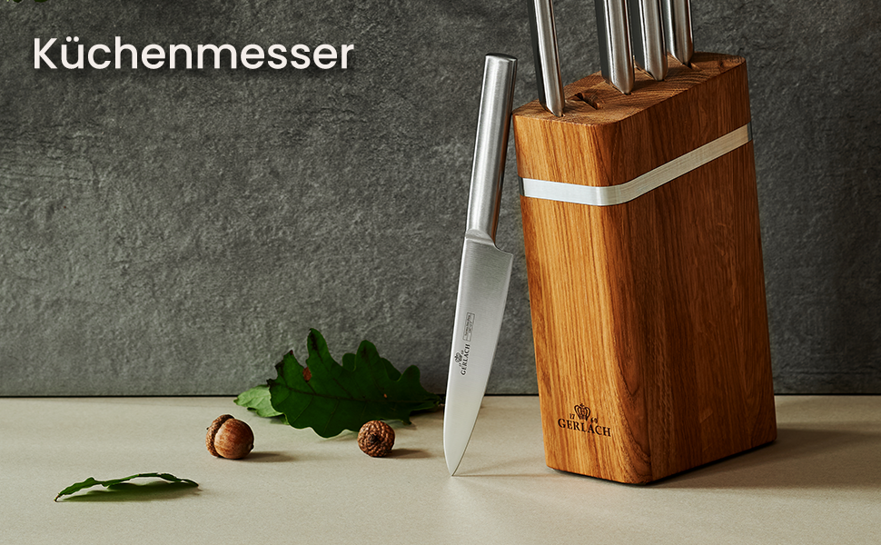 Gerlach Deco Black Knife Block Set - 5-Piece Stainless Steel Kitchen Knife Set with Wooden Block