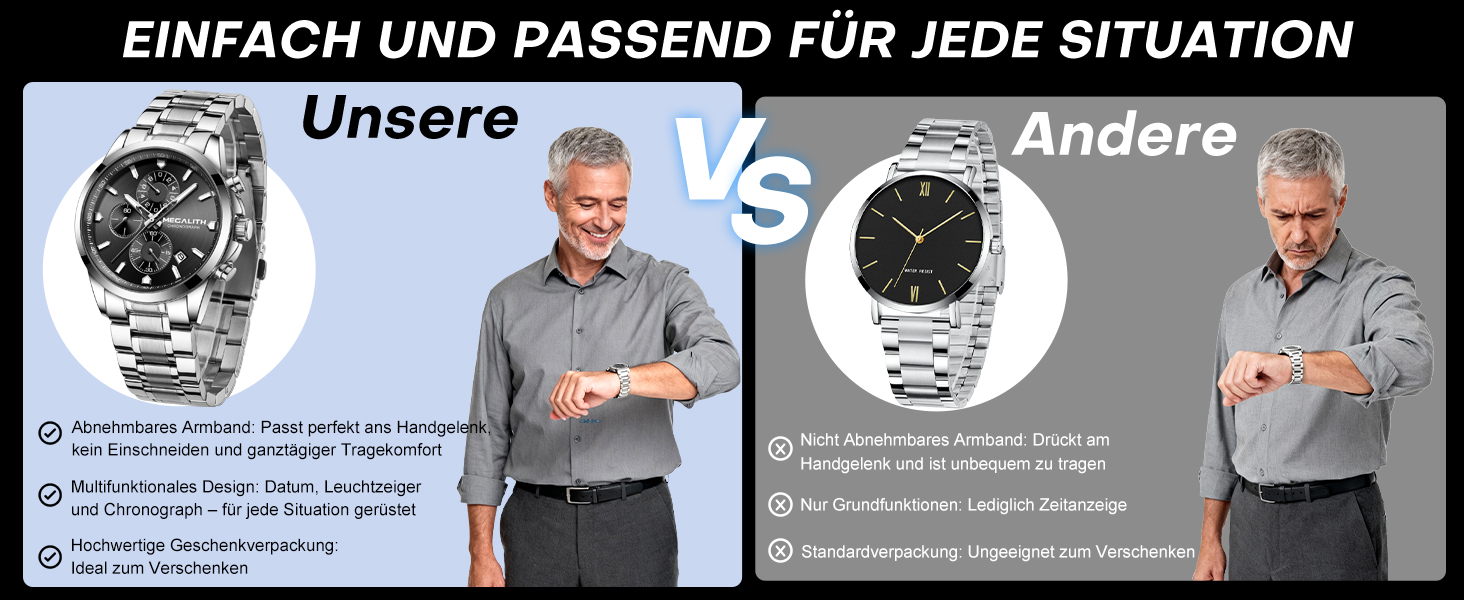 Чоловічий годинник MEGALITH з нержавіючої сталі, хронограф, водостійкий, аналоговий годинник для бізнесу, з календарем та підсвічуванням (B-silber-an)