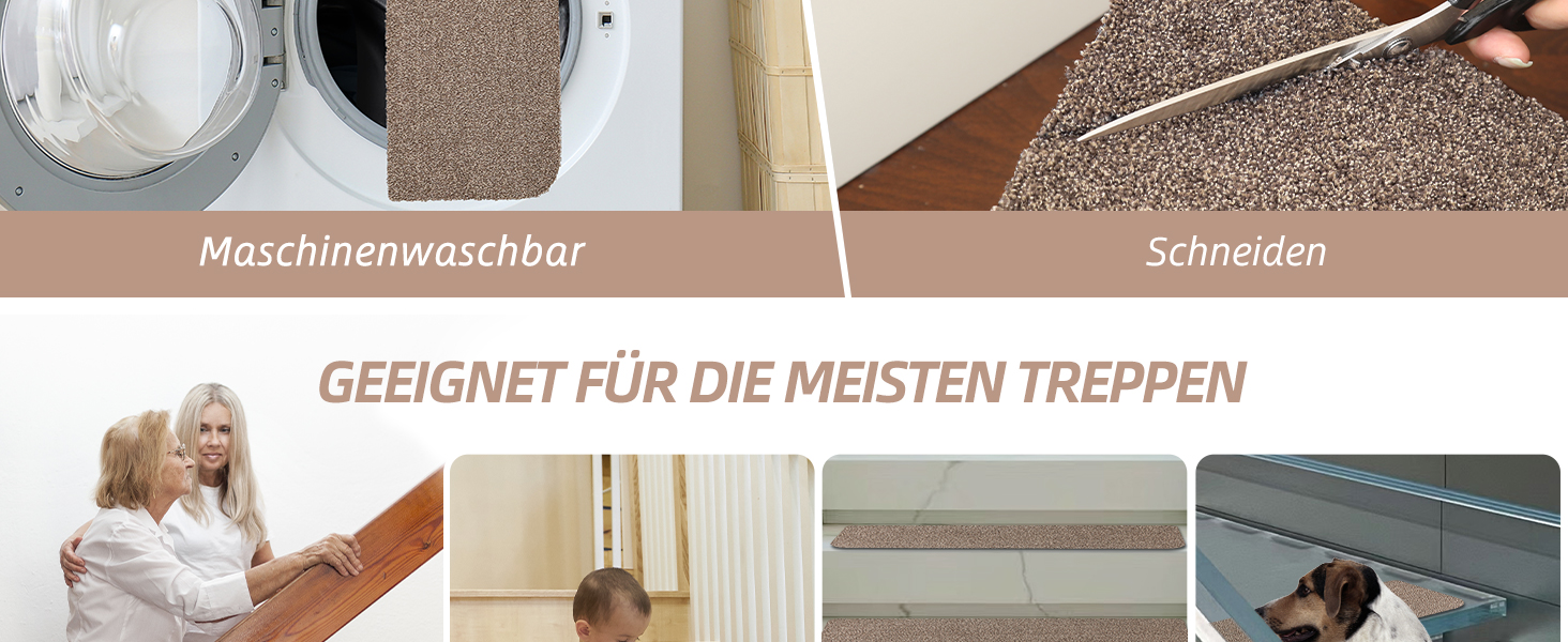 Компактні килимки для сходів COSY HOMEER, 15 шт., 70x22 см, самоклеючі, машинне прання, 100% поліестер, TPE-підкладка, безпека для дітей та домашніх тварин, бежевий колір