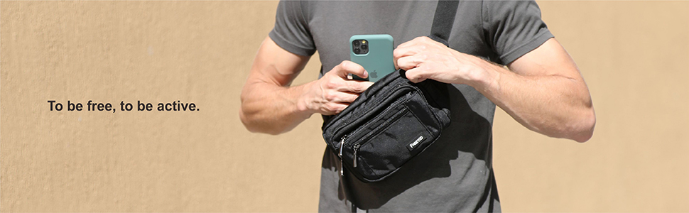 Чоловіча та жіноча поясна сумка FREETOO з 6 кишенями на блискавці – водонепроникна бананка для прогулянок з собакою, бігу, походів, подорожей та відпочинку, чорна