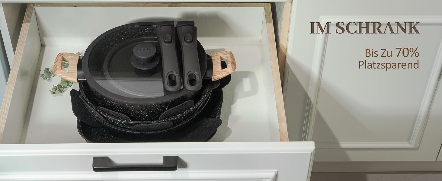 Набір посуду керамічний 23 предмети з антипригарним покриттям та знімними ручками, чорний. Підходить для всіх типів плит, включаючи індукційні. Сковороди 20/26 см, каструля 18 см, сотейник 24 см, жароміцний.