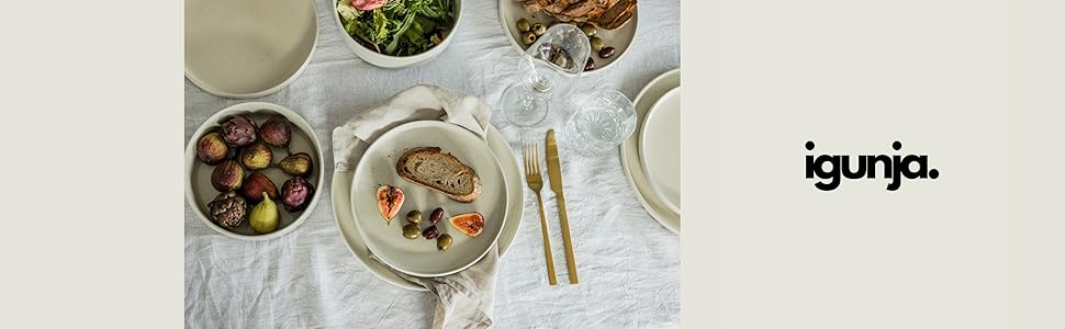 Igunga Stoneware Dinnerware Set - 12 Piece Set for 4 | Reactive Glaze Beige Tableware - Handcrafted Premium Quality
