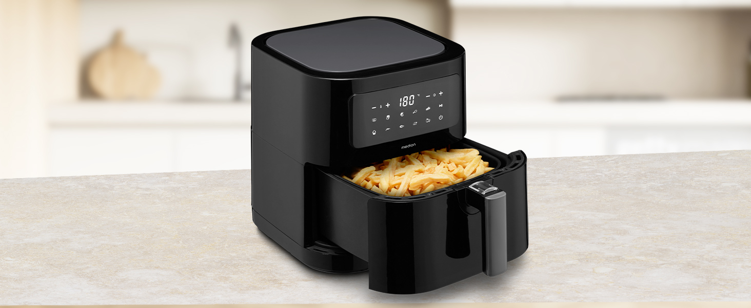 MEDION E40 XL Фритюрниця з гарячим повітрям (5.2 л, Airfryer, 2150 Вт, 9 автоматичних програм, функція випікання, без олії, сенсорне керування, LED дисплей, MD 11740) чорна