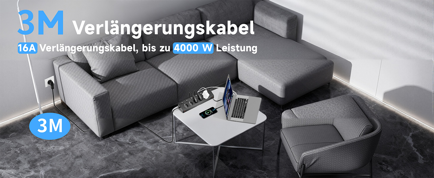 Настільний мережевий фільтр з 5 розетками та 2 USB-C (PD 30W), подовжувач з вимикачем, 4000 Вт, кабель 3м, чорний