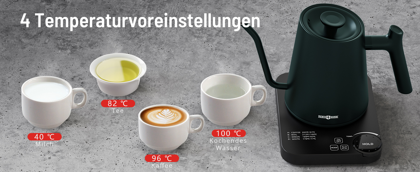 Paris Rhone Swan Neck Electric Kettle - 0.9L Temperature Control Kettle with Display, Knob, and 24-Hour Keep Warm Function - Dark Green