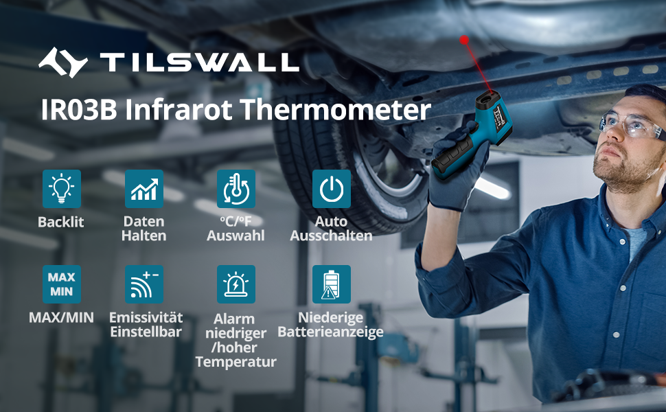 Інфрачервоний термометр Tilswall IR для промисловості та кулінарії (-50°C~800°C) з лазерним цільовим покажчиком та LCD дисплеєм