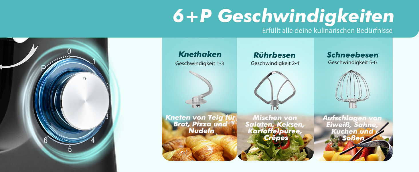 Кухонна машина Küchenmaschine 6.2 л, 1400 Вт, 6 швидкостей, з набором насадок (міксер, гак для тіста, вінчик), чорний колір