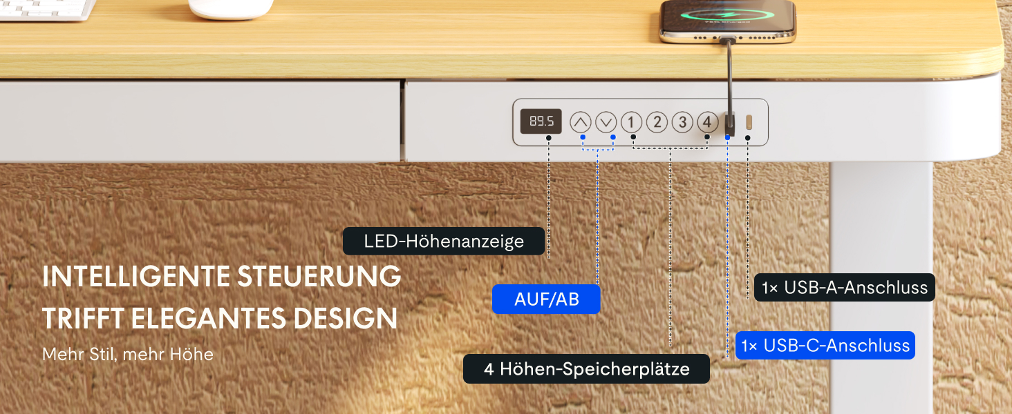 FLEXISPOT Electric Standing Desk with LED Display, Memory Function, USB Port & Drawer - 120x60cm Natural Oak
