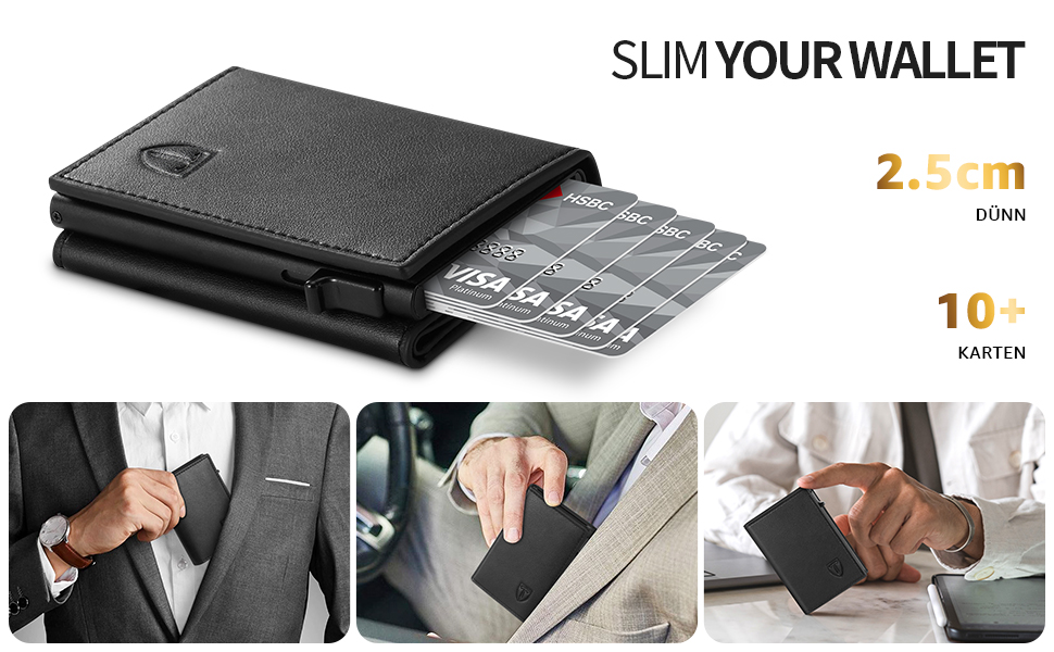 Чоловічий гаманець TENBST з RFID захистом, тонкий з відділенням для монет, на 10 карт, чорний