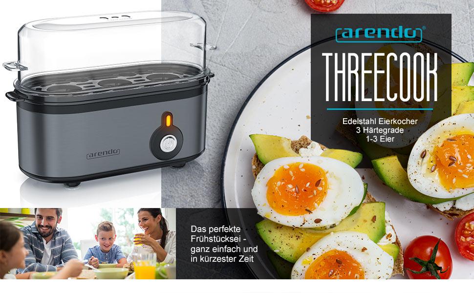 Електричний яйцеварка Arendo Threecook з нержавіючої сталі - 1-3 яйця, регулювання ступеня готовності, BPA-free, сірий колір