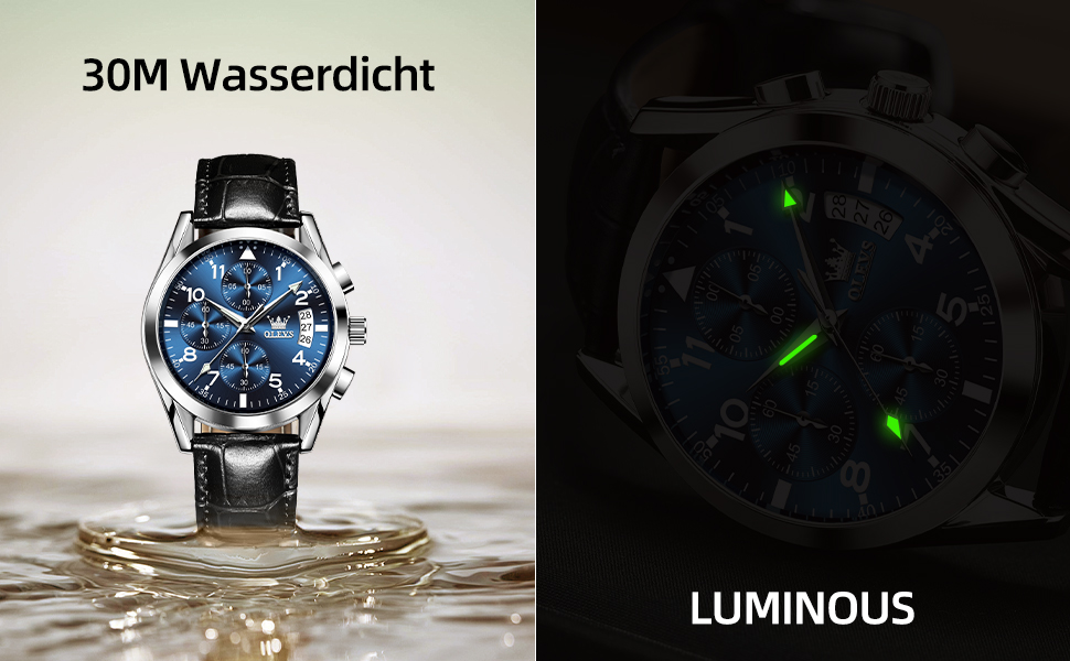 Годинник чоловічий OLEVS Vintage з шкіряним ремінцем, велике циферблат, водостійкий, з датою (2878, блакитний циферблат/чорний ремінець)