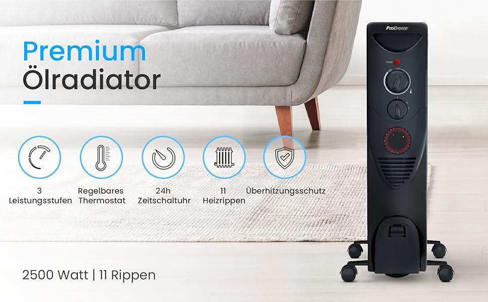 Електричний масляний радіатор Pro Breeze 2500W з таймером, 3 режими, термостат, захист від перегріву, білий/чорний