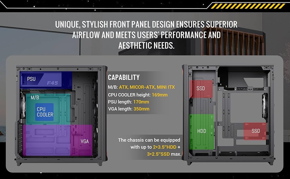 Корпус ПК GAMEMAX F45 Mid-Tower чорного кольору з дерев'яним декором, 4x ARGB PWM вентилятори, сумісний з BTF материнськими платами, скляна бічна панель, для геймінгу