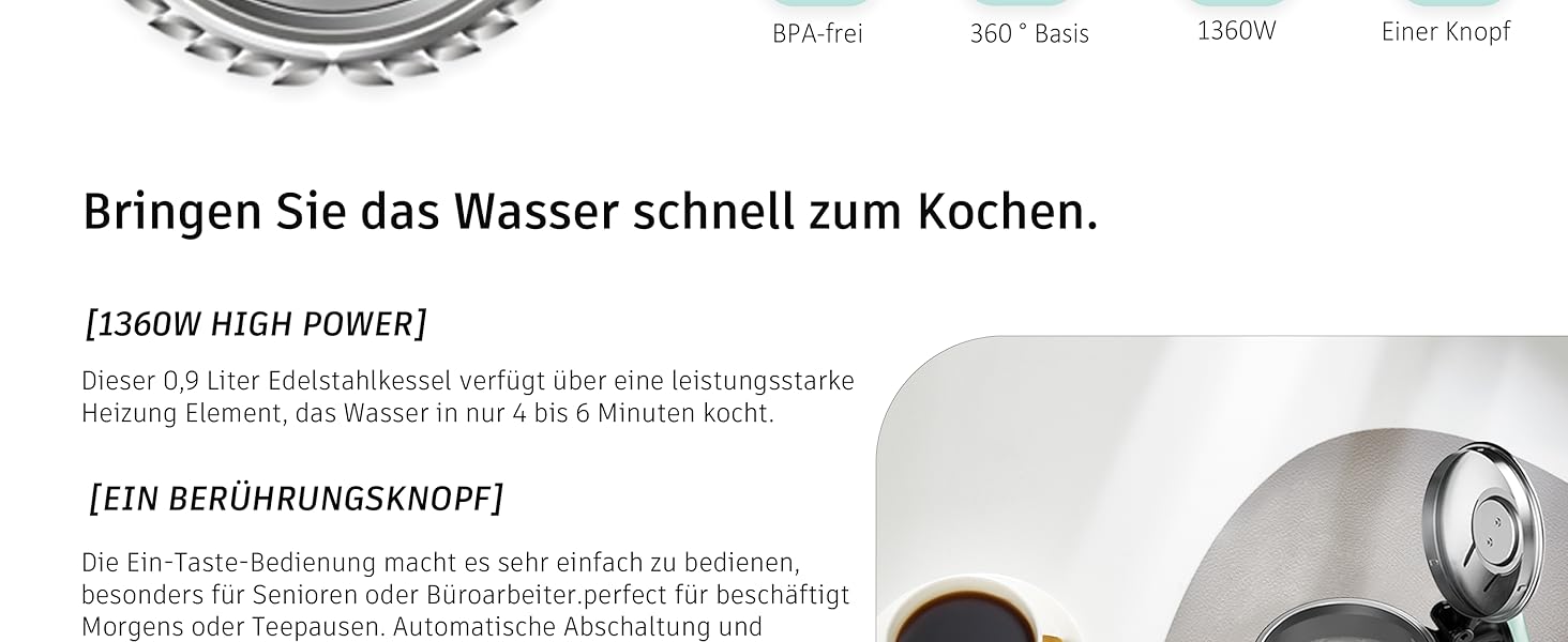 Електричний чайник 0.9л з нержавіючої сталі 304, 1360W, швидке кип'ятіння за 4-6 хвилин, класичний компактний дизайн, сенсорна кнопка, автоматичне відключення та захист від перегріву, для дому, офісу, для кави, зелений