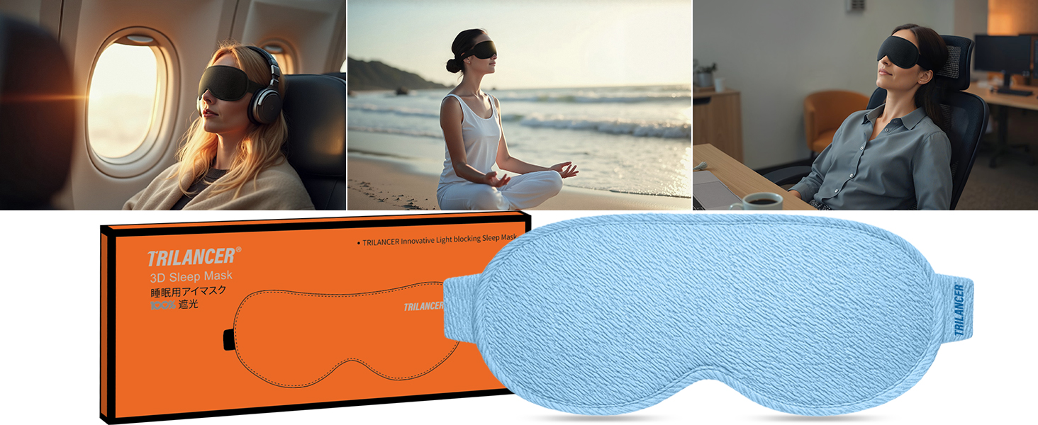 Маска для сну Trilancer з блокуванням світла 99.99%, 3D дизайн, комфортна для бічних снів, для відпочинку, медитації, подорожей та сну (Блакитна)