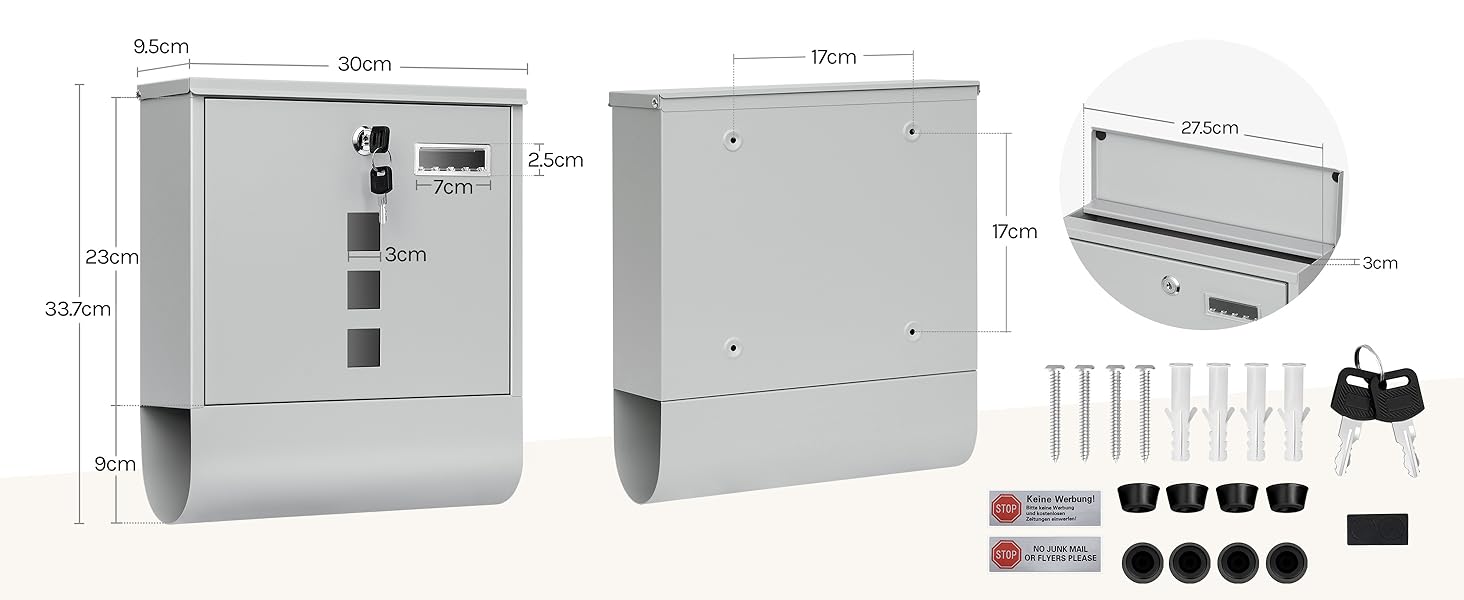 Поштовий ящик WOLTU з газетницею та оглядовим вікном, персоналізований, настінний, з замком та 2 ключами, сірий, 37x37x10.5 см