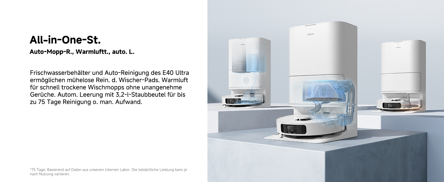 Робот-пилосос Mova E40 Ultra з функцією миття, автоматичним очищенням та потужністю 19000 Па, MaxiReach-моп, бічні щітки, вбудований резервуар 80 мл, станція самоочищення на 75 днів