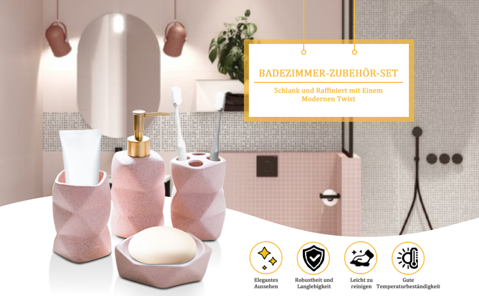 Набір для ванної кімнати 4 предмети, кераміка, рожевий: дозатор для мила, мильничка, стакан для зубних щіток, підставка для зубних щіток - декор для ванної