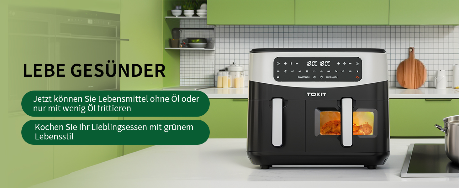 Фритюрниця TOKIT з подвійним зондом, 2800 Вт, 10 л, 12 програм, з вікном, без олії, 2 ящики, LED-touchscreen, 90% менше жиру