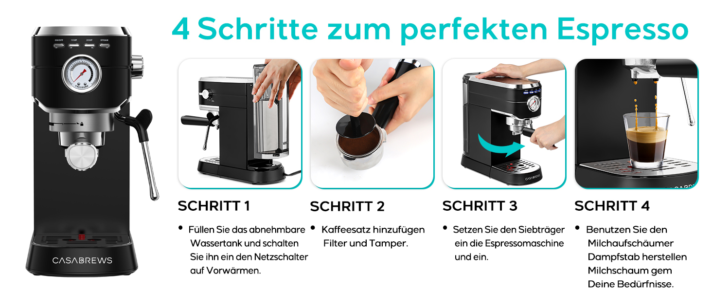 CASABREWS Еспресо-кавомашина Siebträger з нержавіючої сталі, 20 Bar, з професійним капучинатором, компактна для еспресо, капучино, лате макіато, об'єм бака 1л, чорна