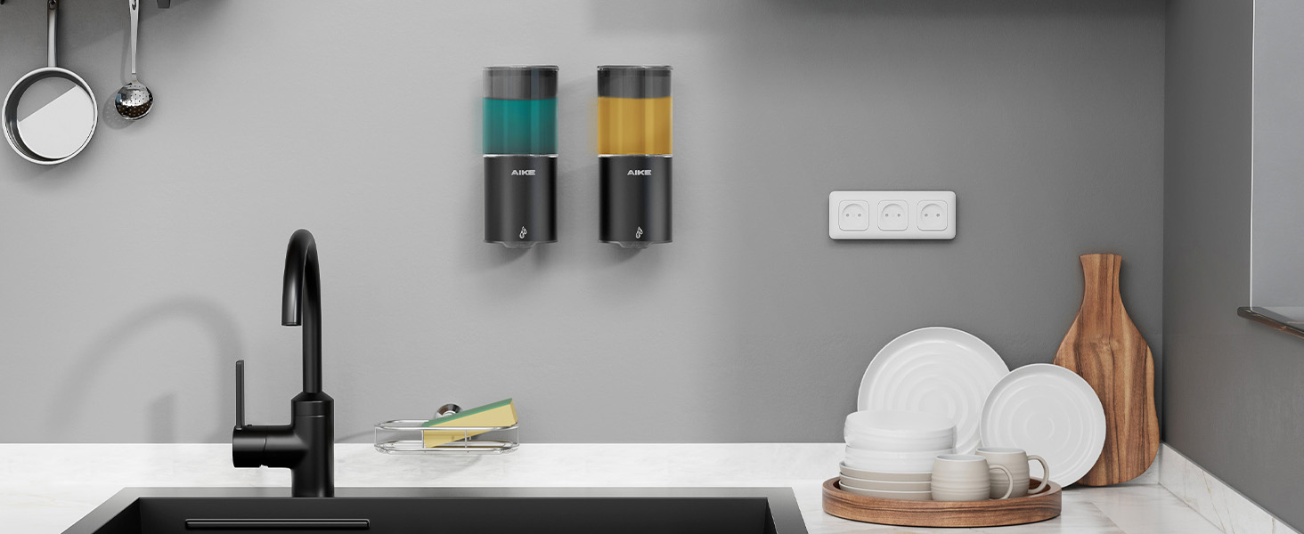 Автоматичний дозатор мила AIKE для рідкої мила, настінний, для кухні та ванної кімнати, IPX7, водонепроникний, 400 мл, з нержавіючої сталі, чорний матовий