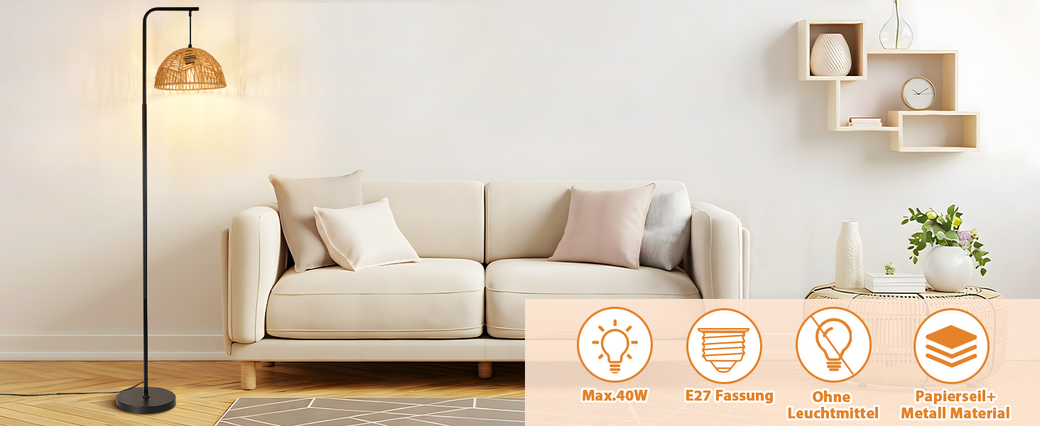 Торшер Rattan Boho - Стильний торшер для вітальні, спальні, тераси, офісу E27 164 см, чорний, з ніжкою-вимикачем