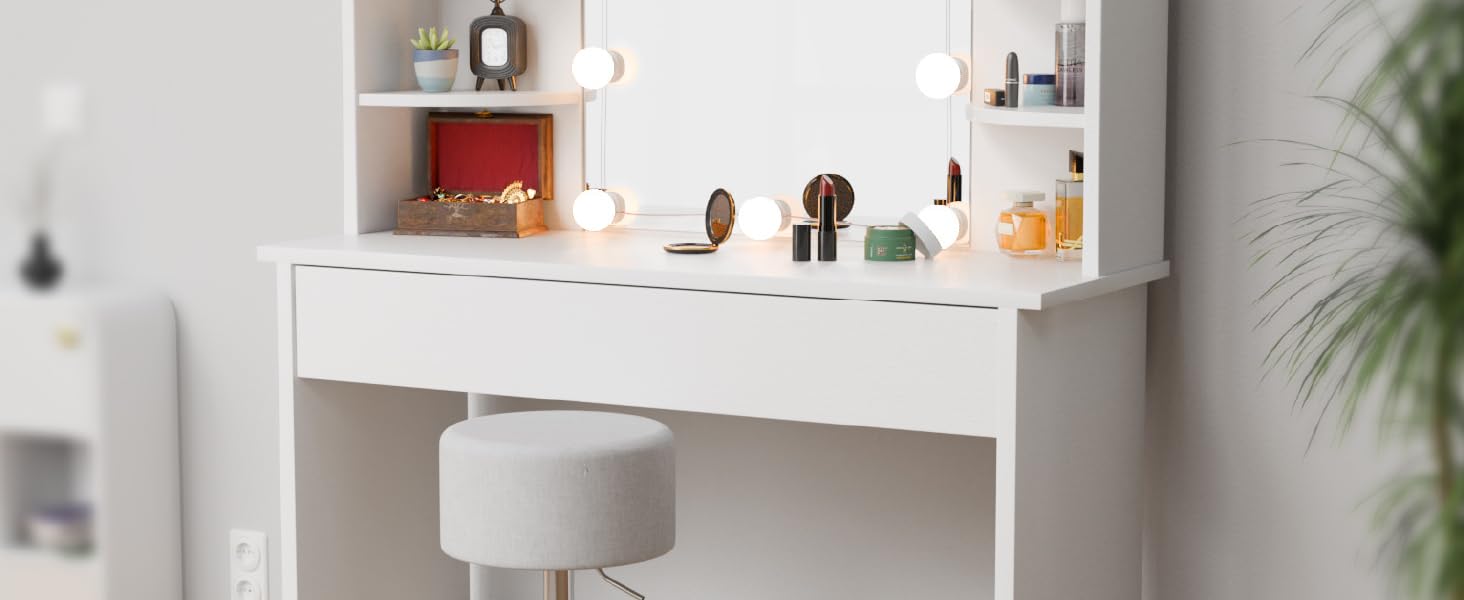 Косметичний стіл Juskys Bella з LED підсвічуванням, дзеркалом, шухлядою та 4 полицями, 108x40x140 см, білий, дерев'яний туалетний столик