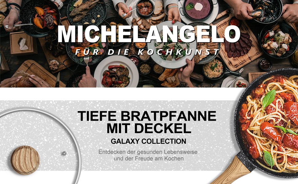 Сковорода з антипригарним покриттям Michelangelo з кришкою 28 см, глибока сковорода з кришкою, сковорода для тушкування 28 см, індукційна сковорода з антипригарним покриттям та м'якою бакелітовою ручкою, підходить для індукційних плит, чорна, глибока сковорода 28 см