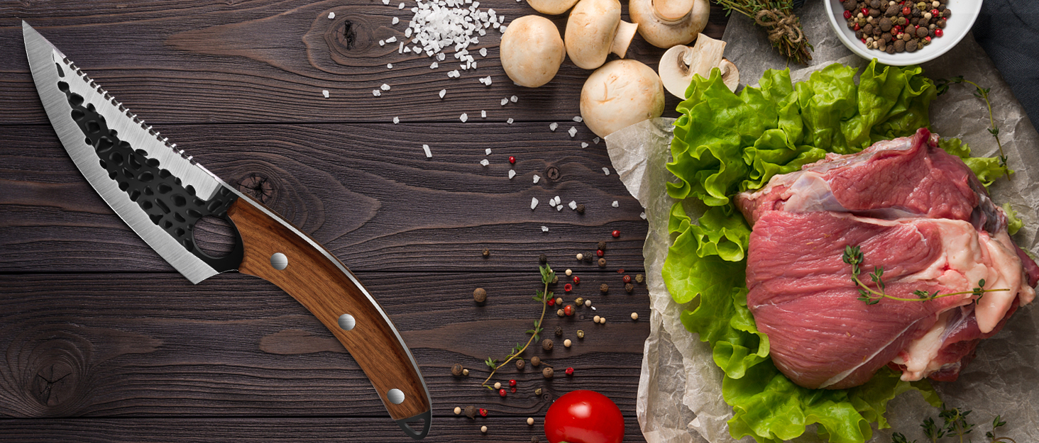 Ніж кухарський OOKUU, м'ясний тесак з точилкою та шкіряною піхвою, професійний ніж для обвалювання, гострі кухарські ножі в японському стилі, тесак для кухні на відкритому повітрі