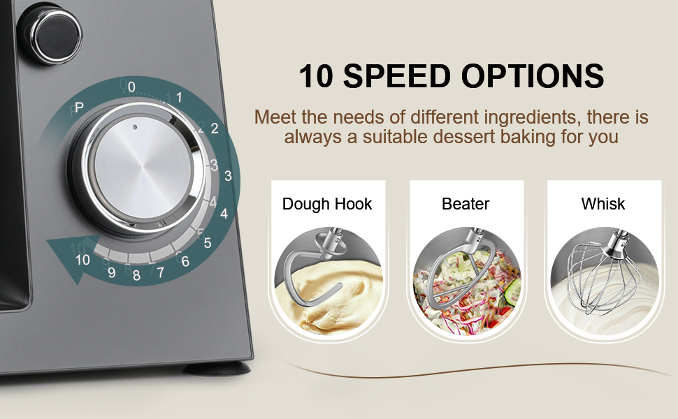 Кухонна машина Cheflee 1500W з місткими чашами 4.5 та 5.5л з нержавіючої сталі, 10+ швидкостей, набір насадок (міксер, гак для тіста, вінчик, захист від бризок) (Darkgrey)