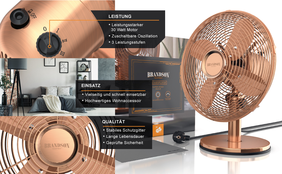 Настільний вентилятор Brandson з мідним дизайном: 3 швидкості, осциляція 80°, кут нахилу 40°, металевий корпус