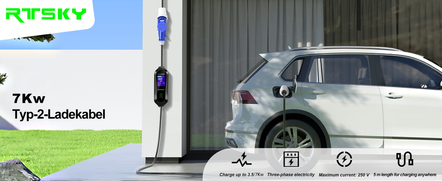 Мобільна зарядка для електромобіля 7kW CEE 32A, кабель Type 2, 5м, 1-фазна, 8-32A, з цифровим дисплеєм