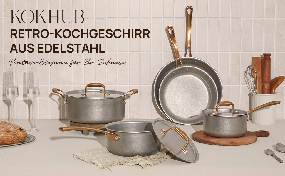 Набір каструль KOKHUB 8 предметів з нержавіючої сталі для індукційних плит, вінтажний стиль, без PFOA/PFAS/PTFE, підходить для всіх типів плит та духовки, можна мити в посудомийній машині