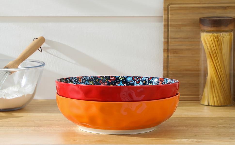 Набір тарілок Vancasso (4 шт) для супу та салату, кераміка, 2340 мл, червоний та помаранчевий, придатні для миття в посудомийній машині та мікрохвильовій печі