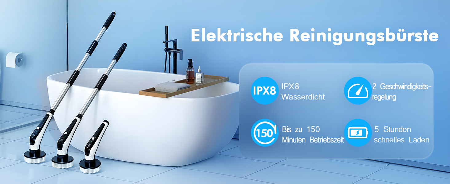 Електрична щітка для чищення з 9 насадок, щітка для швів, водонепроникна IPX8, електричний спін-скреббер з регульованою ручкою, 2 швидкості, для ванної кімнати, кухні, авто, біла+чорна