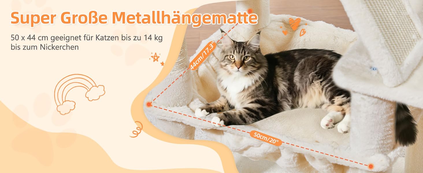 Дерев'яний кігтеточки для котів Taoqimiao MS026W, великий, бежевий (146 см) з 2 будиночками, гамаком та 8 стовпчиками для заточування кігтів