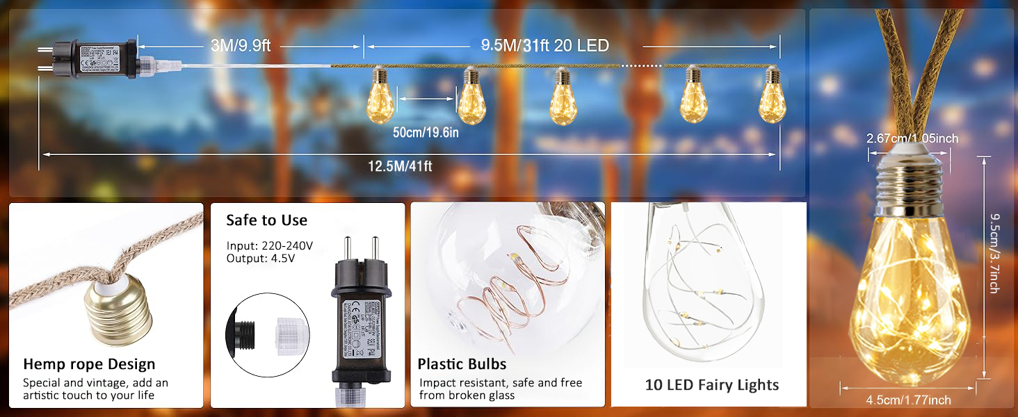 LED ліхтарна гірлянда Redefun 9м для дому та саду, 16 лампочок, 8 режимів, таймер, декорація для вечірки, саду, балкону, шнур живлення