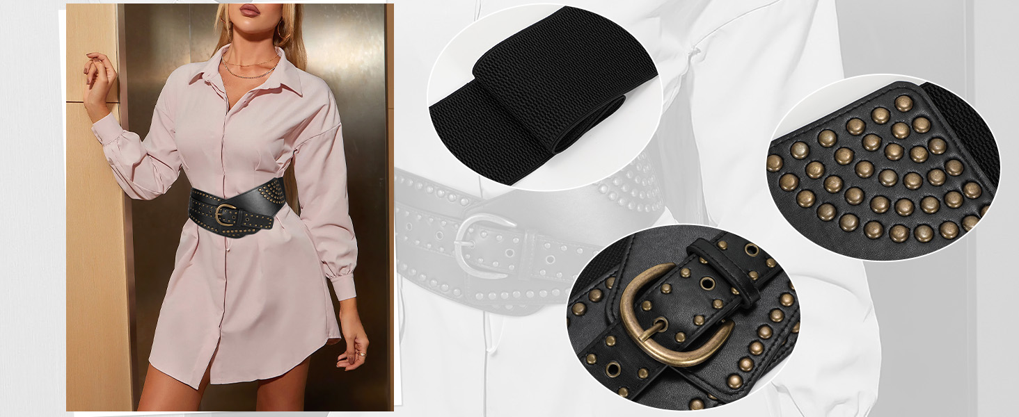 Жіночий вінтажний широкий еластичний пояс JASGOOD з пряжками, чорний, 95 см (для розміру талії 93-104 см)