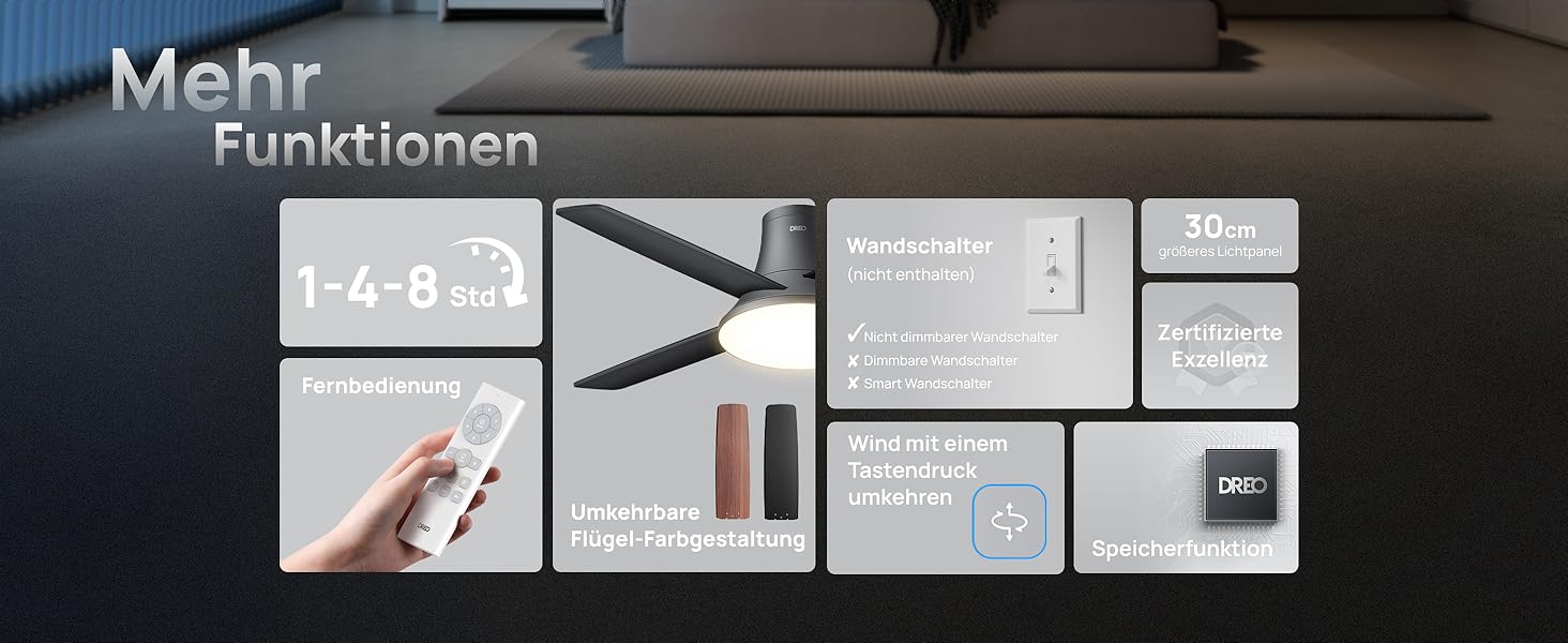 Стеляний вентилятор Dreo з підсвічуванням та пультом керування, 112 см (44 дюйми), плоский, чорний, реверсивний, 5 лопатей, 6 рівнів регулювання яскравості, 6 швидкостей, тихий, з таймером, легка установка для спальні