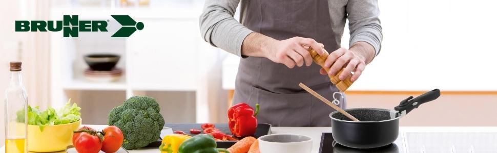 Набір посуду для кемпінгу BRUNNER Alu (каструлі та сковорідки) - 7+1, Vakublock, для 4 осіб, з антипригарним покриттям, легкий, високоякісний, складаний, діаметр 22 см