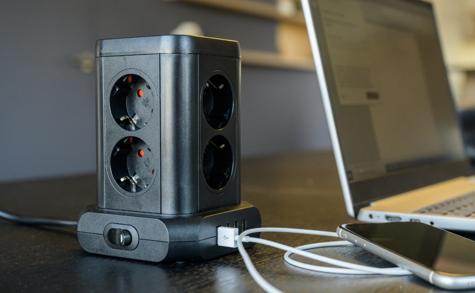 Стеждова тумба Brennenstuhl 8 розеток з USB, чорна (2м кабель)