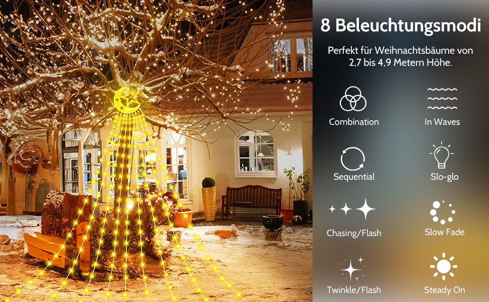 Гірлянда для ялинки 3,5м, 346 LED, 9 струмків, зірка-верхівка, 8 режимів, вологостійка, тепле біле світло