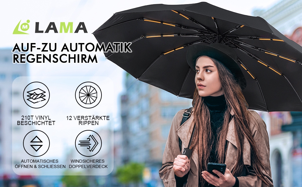 LAMA Гольф-парасолька туристична, чорна, автоматична, 105 см, 12 спиць, стійка до вітру